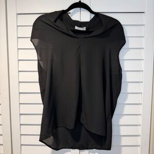 Renee C Black Chiffon Draped V-Neck High Low Blouse XL Made in USA Womens